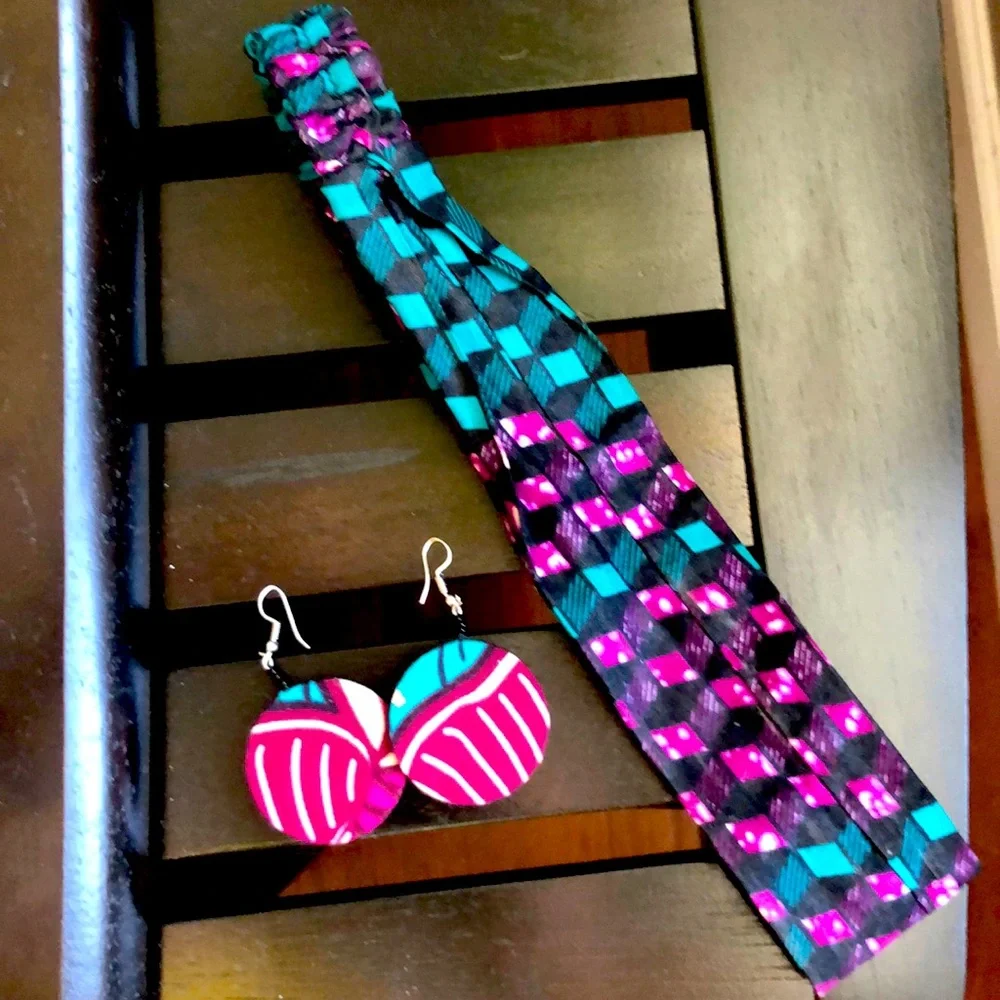Handmade African Multicolor Headband & Matching Earrings NEW - Picture 3 of 3